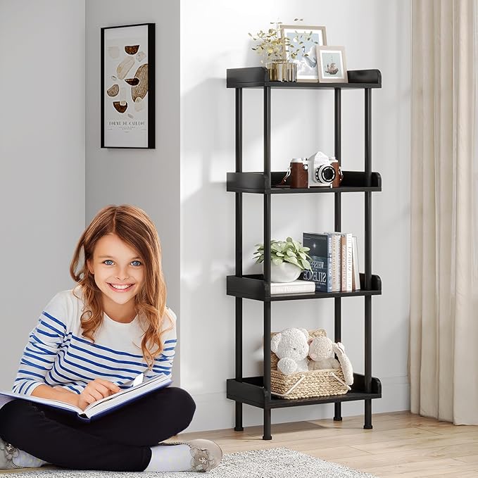 Hosfais Small Wooden Bookcase, 4-Tier Black Rustic Etagere Bookshelf for Living Room & Bedroom, Storage Organizer