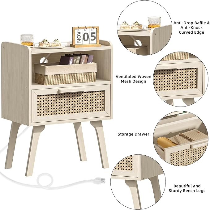 Lerliuo Rattan Nightstand with Charging Station, Side Table with Drawer Open Shelf, Cane Accent Bedside End Table with Solid Wood Legs, Night Stand for Bedroom, Dorm and Small Spaces (Grey White)