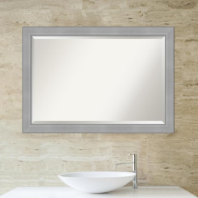 Amanti Art Silver Bathroom Mirror for Over Sink, 28x40 Vista Brushed Nickel Rectangle Vanity Mirror, Large Casual Frame, Hangs Horizonally and Vertically, Bathroom Wall Decor, Beveled Edge