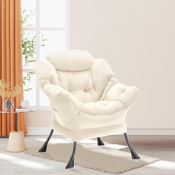 Lazy Chair Thick Padded, Comfy Velvet Accent Lounge Chair with Stable Frame, Leisure Sofa Armchair with Armrests and Side Pocket, Reading Chair for Bedroom, Living Room, Office, Beige
