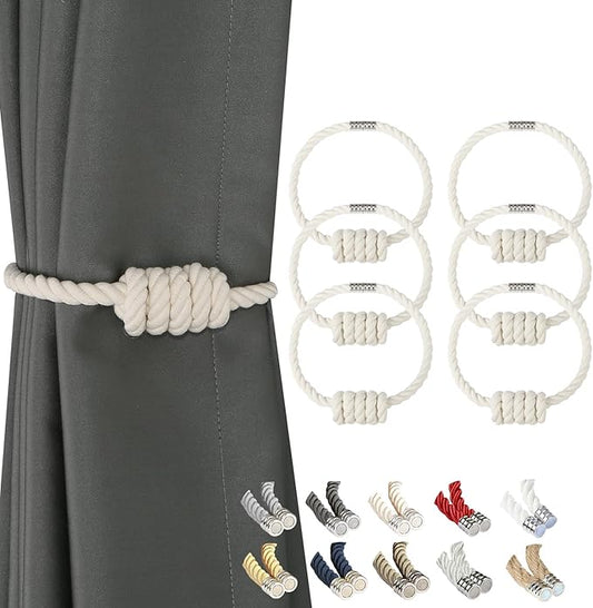BEL AVENIR Magnetic Cotton Curtain Tiebacks, Decorative Drapery Holdbacks Modern Woven Tie-Backs with Exquisite Knot (Cotton, 6 Pack)
