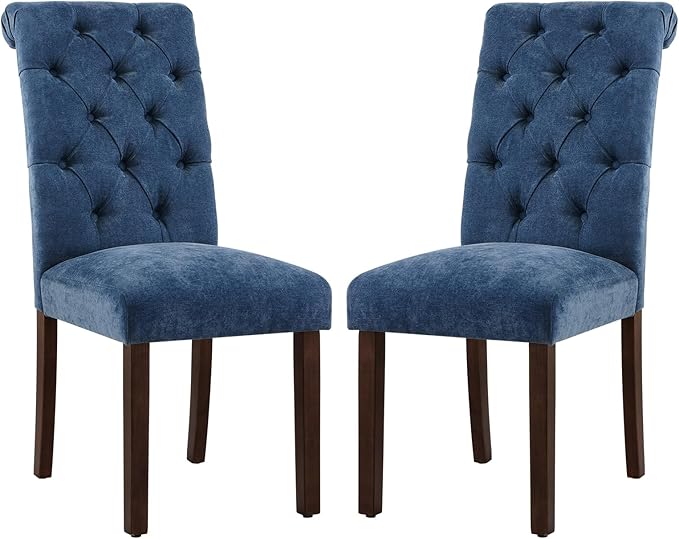 COLAMY Button Tufted Dining Chairs Set of 2, Parsons Upholstered Fabric Dining Room Chairs Kitchen Chairs with Wood Legs and Padded Seat, Blue