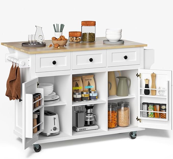 Rovibek Kitchen Island with Drawers 53 in Rolling Island Cart Mobile Solid Wood Portable Islands on Wheels with Storage Cabinet & Drawers, White