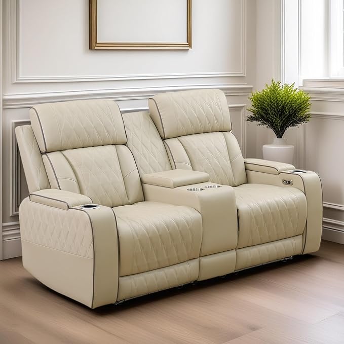 Loveseat Recliner Sofa, Reclining Loveseat Leather Couch with Storage Console, Modern Comfy Home Theater Seating Power Recliner Chair with Cup Holders for Living Room Furniture Sets, Khaki