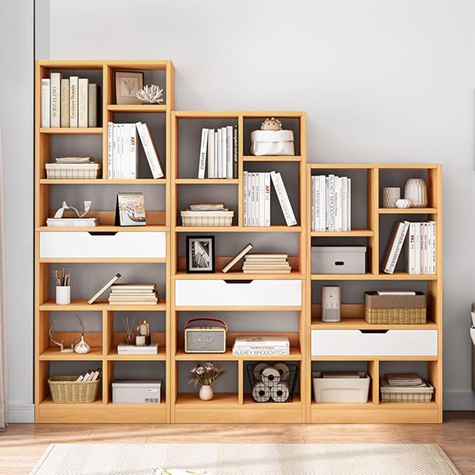 IOTXY Wooden Open Shelf Bookcase - 51" Height Freestanding Display Storage Cabinet Organizer with 7 Cubes and a Drawer, Floor Standing Bookshelf, Yellow