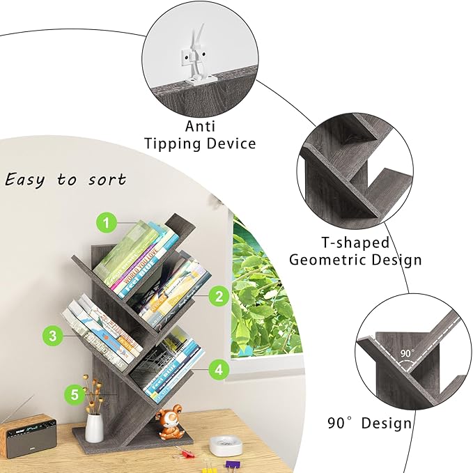 5 Tier Tree Book Shelf, Small Desktop Bookshelf with Storage Organizer, Wood Bookcase, Desk Display Bookshelves, Floor Standing Organizer Bookcases for Living Room,Bedroom,Office - Light Grey