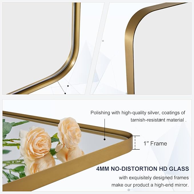 ANDY STAR Square Wall Mirror for Bathroom, 24”x24” Brushed Gold Bathroom Mirror, Rounded Corner Metal Mirror in Premium Stainless Steel Frame Hangs Horizontal Or Vertical（No Rose Gold）
