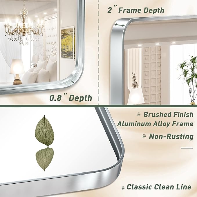 TokeShimi 72 x 36 Inch Brushed Silver Mirror Wall Mirror for Bathroom Black Metal Frame Decorative Rectangular Wall Mounted Home Decor Corner Hangs (Horizontal/Vertical)