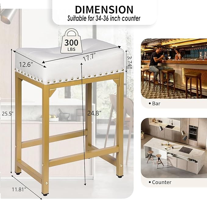 White & Gold Counter Height Bar Stools Set of 3, 24" Bar Stools for Kitchen Island, Modern Counter Stool Set of 3 Backless Saddle Barstools for Kitchen Dining Room White Gold