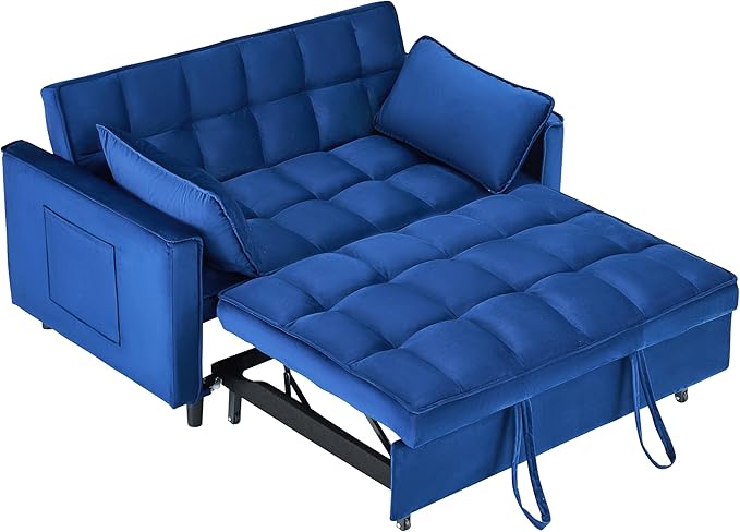 Ball & Cast 55" Convertible Sofa Bed,3 in 1 Sleeper Sofa W/Pull-Out Bed,Convertible Pull Out Couch W/2 Pillows,Adjustable Backrest & Side Pocket,Velvet Futon Couches for Living Room,Apartment,Blue