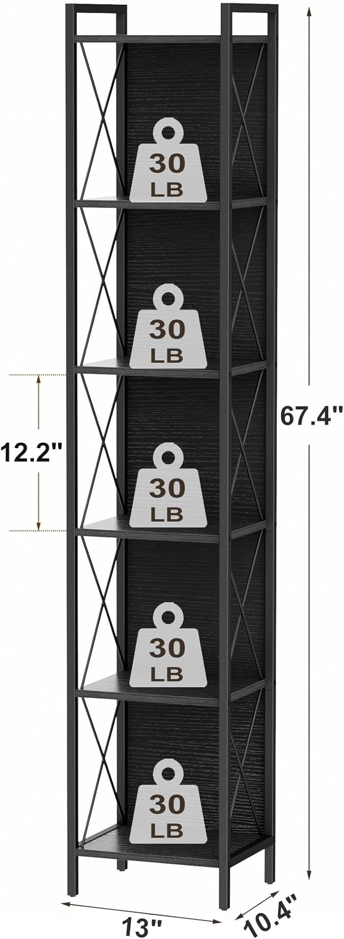 Homhedy 6 Tier Bookshelf Bookcase, Tall Narrow Bookshelf for Small Space, Metal Storage Shelves with Back Panel, for Home Office, Living Room, Kitchen, Bedroom, Industrial Style, Black