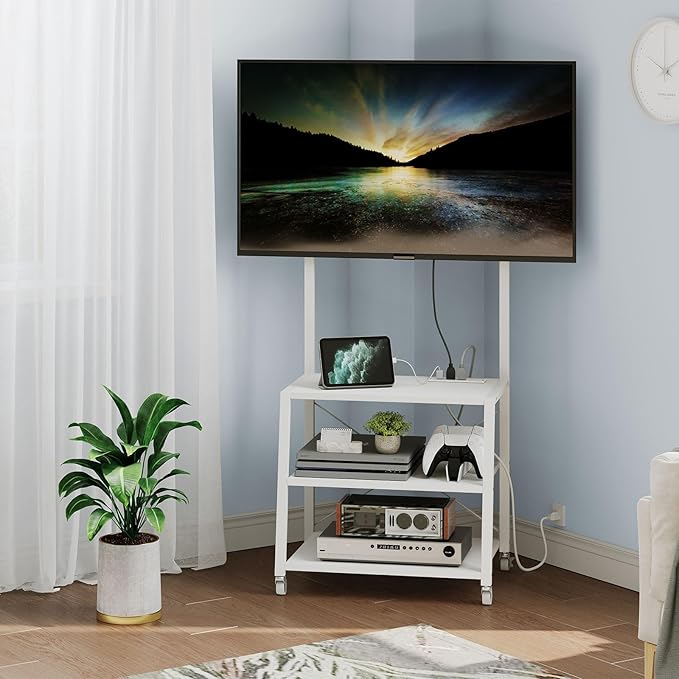 HOOBRO Rolling TV Stand with Mount and Power Outlet Up to 55 inch TV, Corner Entertainment Center, Small TV Stand with 3-Tier Storage Shelves for Living Room, Bedroom, White WW66UDS01