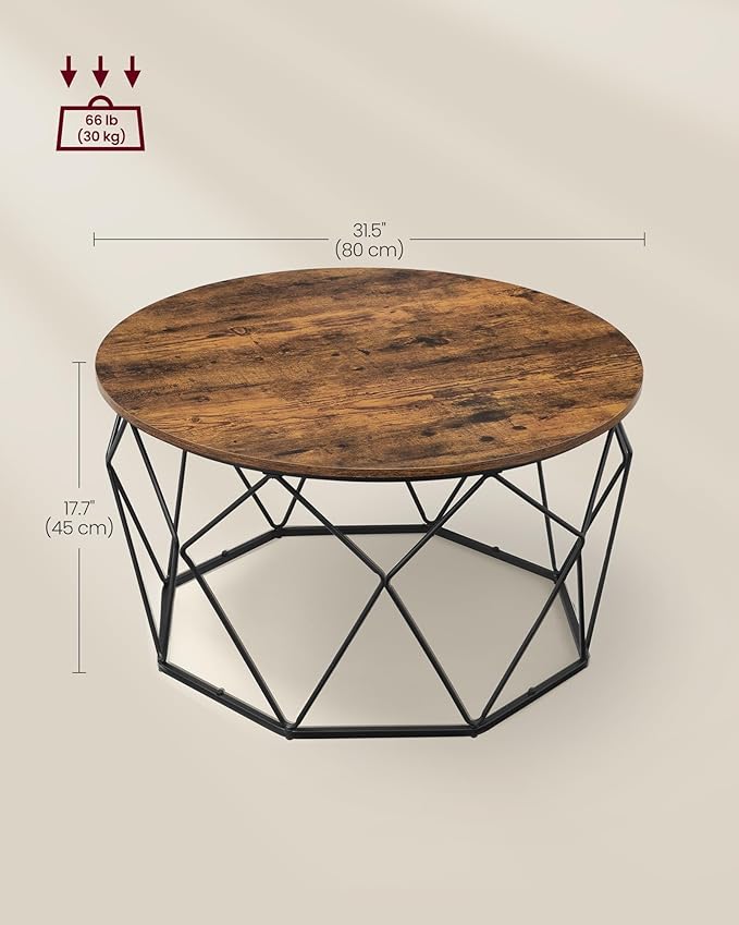 VASAGLE Round Coffee Table for Living Room, Cage Cocktail Table with Steel Frame, 31.5 Inches Dia., Industrial Style, Rustic Brown and Black ULCT040B01