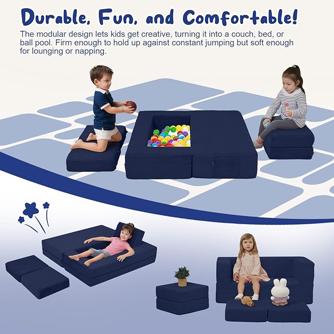 MeMoreCool Modular Kids Couch, Corduroy Play Toddler Couch for Bedroom Playroom Furniture, Convertible Foam Kids Sofa Bed, Fold Out Baby Sofa for Girl Boy, Navy