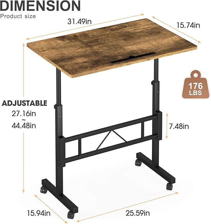 Klvied Small Standing Desk Adjustable Height, Mobile Table with Wheels, Portable Laptop Table, Standing Computer Desk for Walking Pad (Brown)