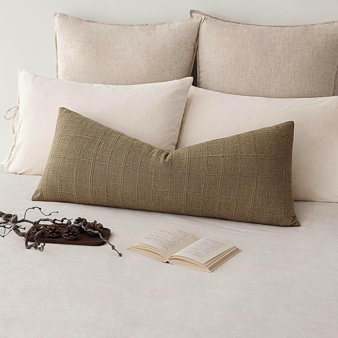 Foindtower Set of 2 Decorative Linen Check Throw Pillow Covers Neutral Long Body Lumbar Cushion Covers Farmhouse Vintage Boho Home Decor For Sofa Chair Couch Bedroom Living Room,14×36 Inch,Light Brown