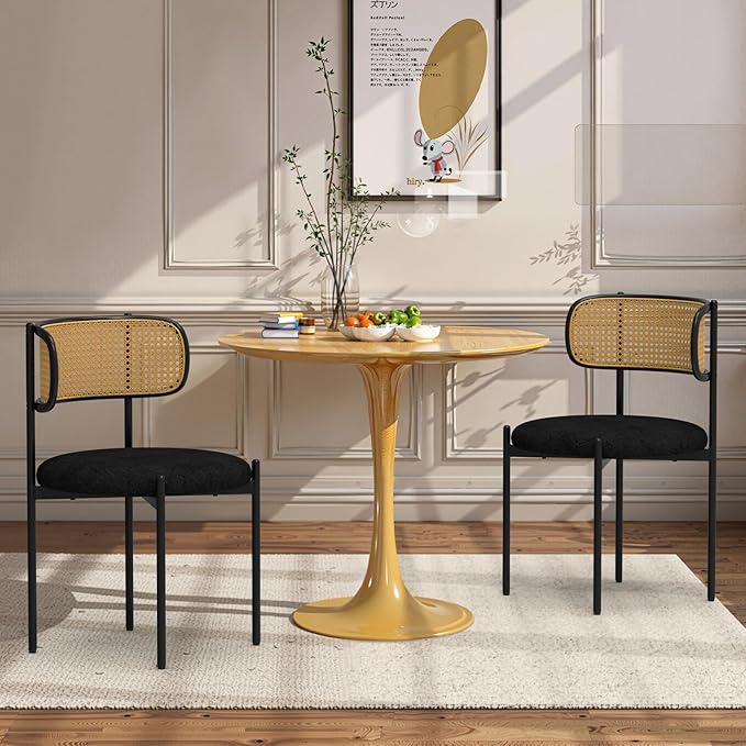 Mid Century Modern Dining Chairs Set of 4 with Rattan Backrest,Velvet Upholstered Accent Kitchen & Dining Room Chairs with Sturdy Metal Frame,Black