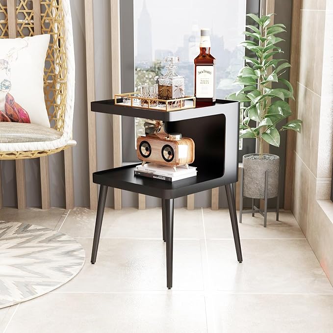 Black Modern Side Table, 2 Tier Small End Tables Bedroom, Metal Side Tables Living Room with 4 Legs, Black Nightstand Square Accent Table for Indoor Outdoor, Easy Assembly