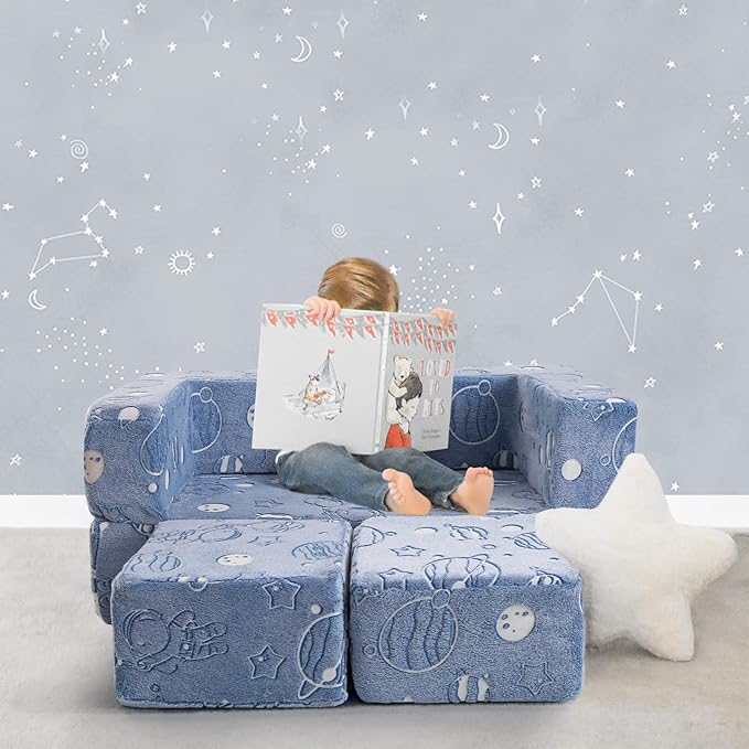 MeMoreCool Glow in The Dark Space Kids Modular Play Couch, Blue Fold-Out Foam Lounge Chair Sofa for Girls and Boys, Bedroom and Playroom