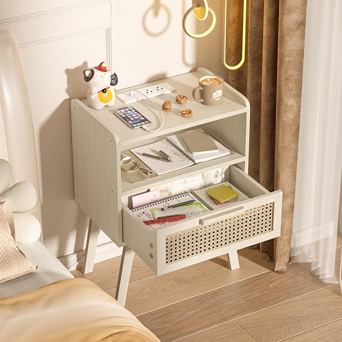 Lerliuo Rattan Nightstands Set of 2 with Charging Station, Side Table with Drawer Open Shelf, Cane Accent Bedside End Table, Night Stand for Bedroom, Dorm and Small Spaces (Grey White)