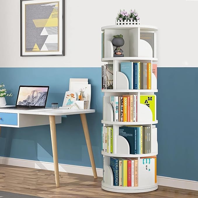 Nisorpa 5 Tier Rotating Bookshelf, 360° Revolving Bookcase Rotating Stackable Shelves Floor-Standing Storage Display Rack Used in Bedrooms Living Rooms Study Office (63"x18"x18")