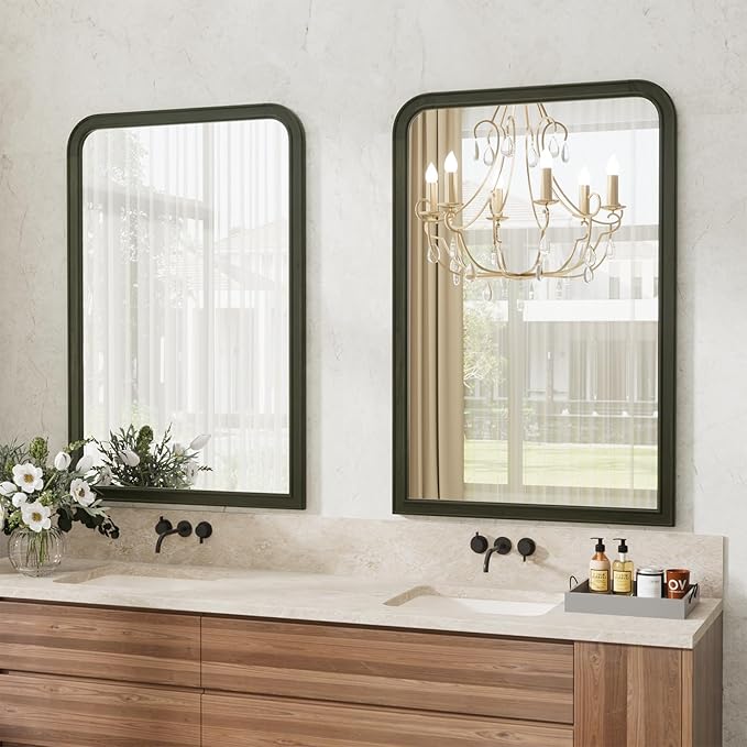 WallBeyond Wood Frame Bathroom Mirror 24" x 36" Wooden Arched Wall Mirror Farmhouse Style Bathroom Vanity Mirror for Home Decor Rectangle Mirror (Black)