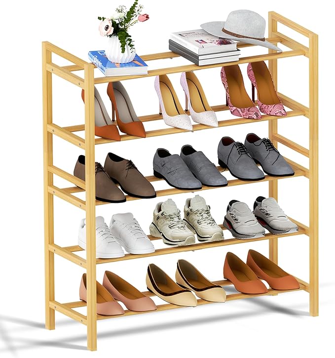 Haddockway Bamboo Shoe Rack for Closet, Free Standing Shoe Organizer with Smooth Round Rods & Convenient Handles, Stackable Shoe Storage Shelf for Entryway, Hallway(Natural, 5-Tier)