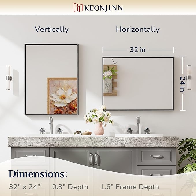 Keonjinn Black Mirror for Wall 24 x 32 Inch Rectangle Bathroom Vanity Mirror for Over Sink Metal Framed Farmhouse Mirror Square Corner Brushed Rectangular Mirror for Bathroom Sink(Horizontal/Vertical)