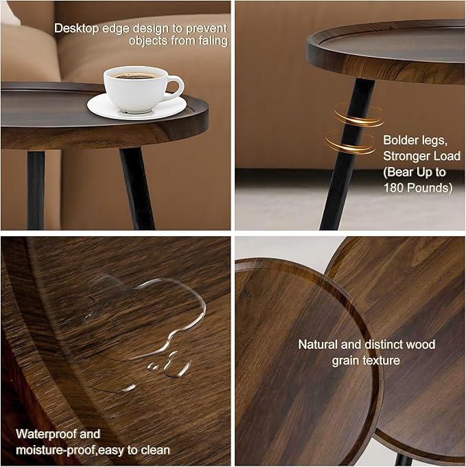 Jessie 2 Pcs Small Round Coffee Tables,Mid Century Modern Nesting Tables,Easy Assembly Circle Walnut Coffee Tables with Non-Slip Feet,Wood Grain Top Nesting Coffee Table for Living Room Balcony Yard