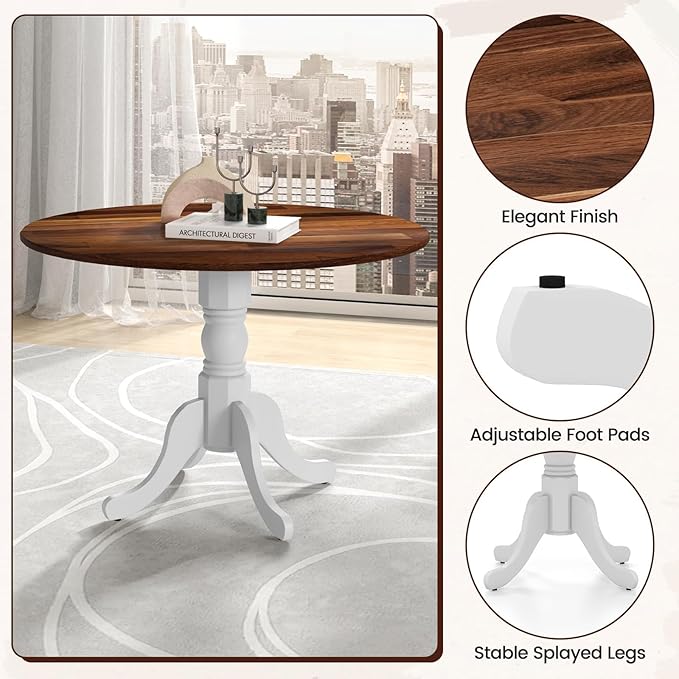 COSTWAY Round Dining Table for 4, 39 inch Kitchen Table with Solid Rubber Wood Frame, Adjustable Foot Pads, Curved Trestle Legs, Mid Century Rustic Dinning Table for Living Room (Walnut+White)