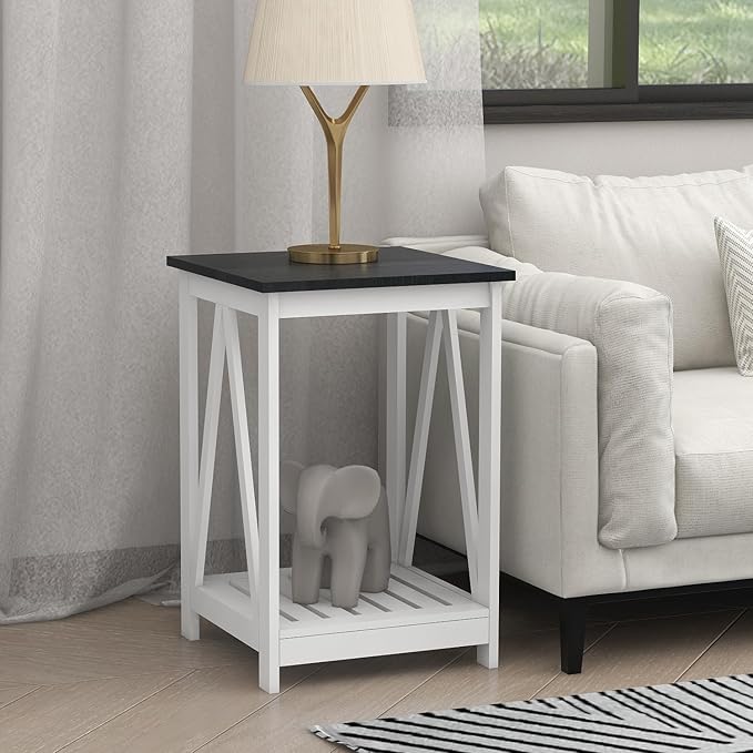 Farmhouse Square End Table, Accent Side Table with Slats Design, Sofa Side Table with Sturdy Frame for Living Room, Oak Black