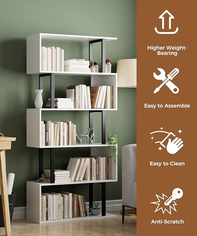 Gadroad 5 Tier Geometric Bookcase,S Shaped Bookshelf, Wood Decorative Storage Shelving, Modern Freestanding Display Shelves, Tall Book Shelf Unit for Living Room Bedroom, White