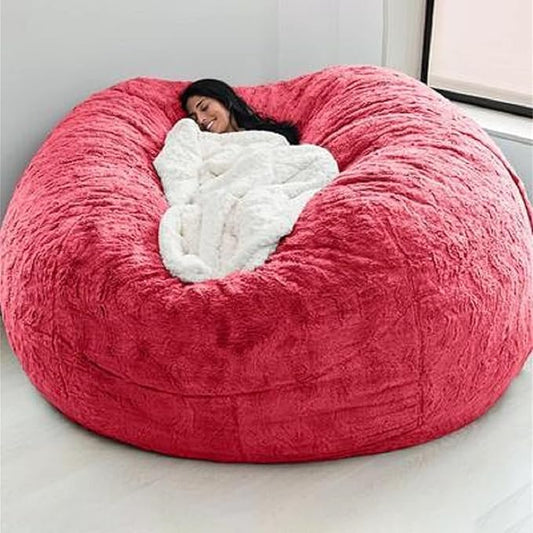 Giant Fur Bean Bag Chair Cover for Kids Adults, (No Filler) Living Room Furniture Big Round Soft Fluffy Faux Fur Beanbag Lazy Sofa Bed Cover (red, 6FT)