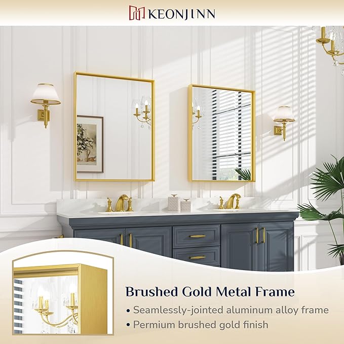 Keonjinn Gold Bathroom Vanity Mirror 24" x 32" Rectangular Wall Mirror Aluminum Alloy Metal Frame Rectangle Modern Farmhouse Mirror Square Corner Framed Mirror for Bathroom Sink(Horizontal/Vertical)