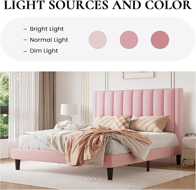 SHA CERLIN Twin Bed Frame/Velvet Upholstered Platform Bed Frame with Headboard/Strong Wood Slats Support/Mattress Foundation/No Box Spring Needed - Pink