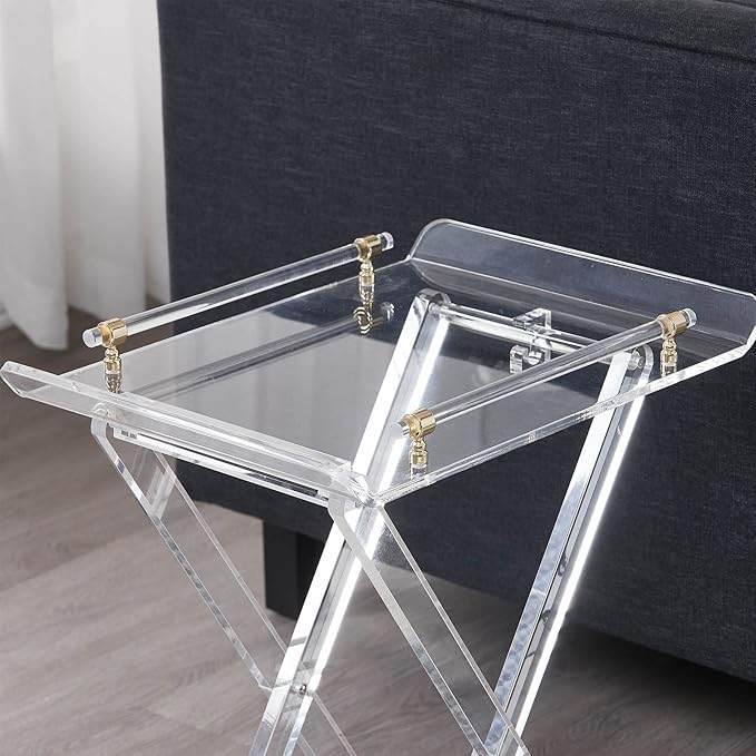 LIKENOW Furniture Acrylic Folding Tray Tables for Living Room,Bedroom,Lobby,Clear Small Side Tables with Handle for Coffee,Drink,Food,Snack,Modern Foldable Lucite End Table with X Leg for Decor
