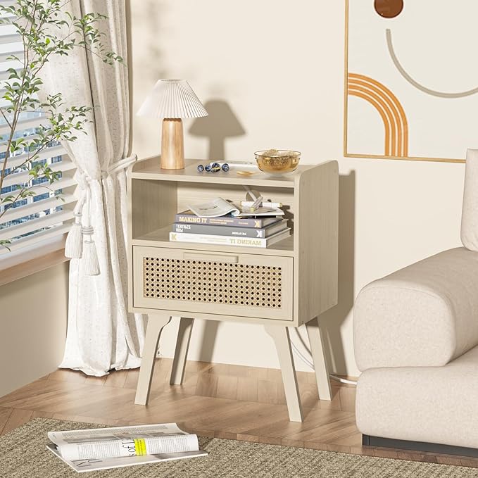 Lerliuo Rattan Nightstand with Charging Station, Side Table with Drawer Open Shelf, Cane Accent Bedside End Table with Solid Wood Legs, Night Stand for Bedroom, Dorm and Small Spaces (Grey White)