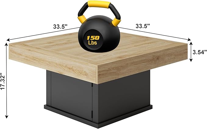 LED Coffee Tables for Living Room, Farmhouse Wood Coffee Table, 33.5" Square Coffee Table with Storage, Large Vintage Brown Center Table, Living Room Tables Cocktail Table (Natural)