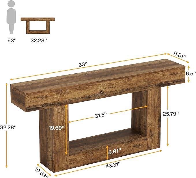 Tribesigns 63" Console Table, Farmhouse 2-Tier Entryway Table with U-Shaped Base, Narrow Long Wood Sofa Table Behind Couch Table for Living Room, Hallway, Foyer, Vintage Brown
