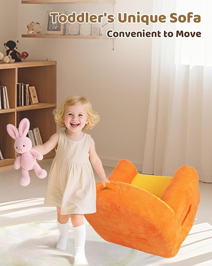 Toddler Chair, Comfy Foam Kids Couch with Soft Velvet Cover, Toddler Couch with Cute Orange Design for Gaming and Studying, Kids Sofa for Boys and Girls