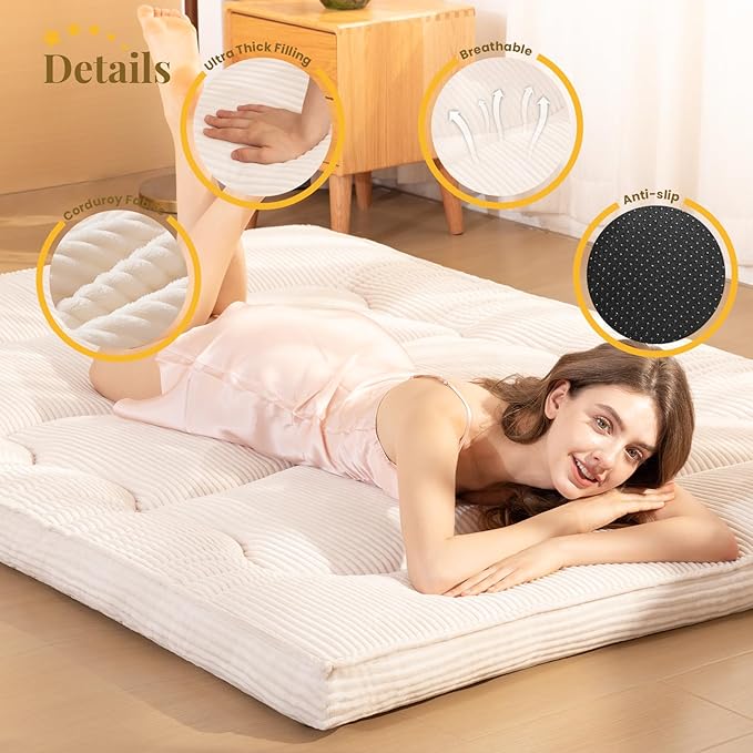 Japanese Floor Mattress, 4" Thicken Futon Mattress Full Size Sleeping Pad, Corduroy Foldable Floor Pad, Roll Up Tatami Mat for Adults Guest Room Bedroom, Beige