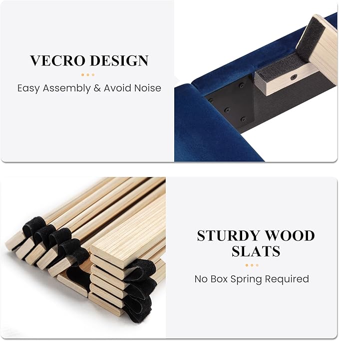 SHA CERLIN Queen Bed Frame/Velvet Upholstered Platform Bed Frame with Headboard/Strong Wood Slats Support/Mattress Foundation/No Box Spring Needed - Dark Blue