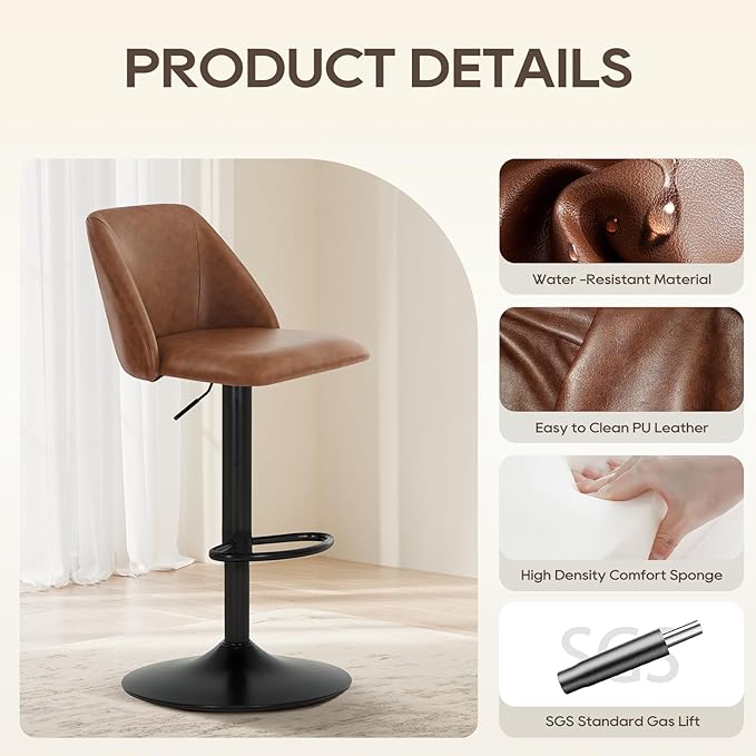 COLAMY Bar Stools Set of 2, Modern Swivel Bar Chairs, Adjustable PU Leather Upholstered Barstools Counter Height with Full Backrest for Bar, Dining Room, Kitchen Island, Brown
