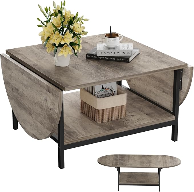 SAYGOER Folding Coffee Tables for Living Room 2-Tier Extended Coffee Table with Storage Vintage Farmhouse Center Table for Large or Small Spaces, Foldable, Gray Wash