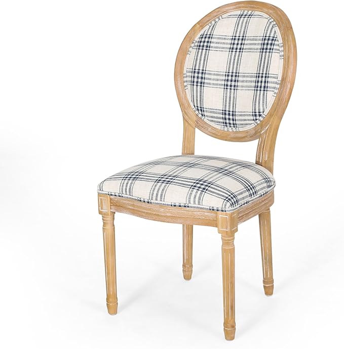 Christopher Knight Home Phinnaeus Dining Chair Set, Set of 2, Fabric, Dark Blue Plaid + Natural