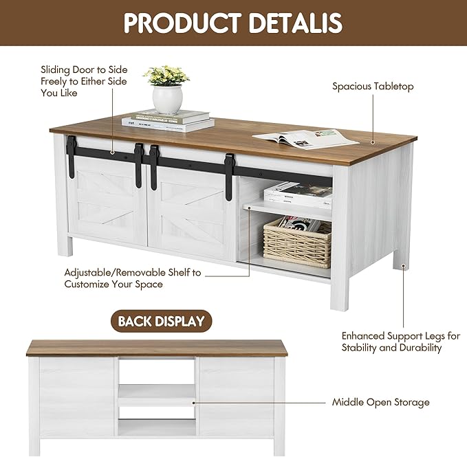 YESHOMY Coffee Table with Sliding Barn Doors & Storage, Wooden Center Rectangular Cabinet with Adjustable Shelves, for Livingroom, Bedroom, Home Office, White