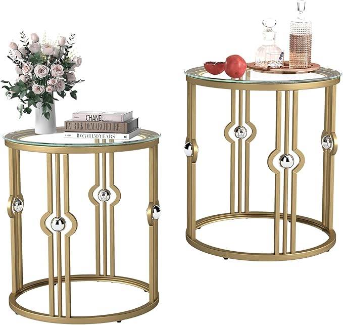 OIOG Glass Side Table Set of 2, Living Room End Table with Tempered Glass & Metal Frame, Gold Side Table for Bedroom Office, 2 PC