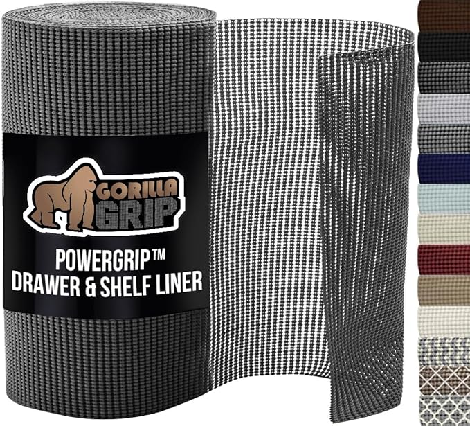 GORILLA GRIP powerGRIP Drawer Shelf and Cabinet Liner, Thick Strong Hold, Non-Adhesive Liners Protect Kitchen Cabinets and Cupboard, Bathroom Drawers, Easy Install, Breathable Mat, 12" x10', Charcoal