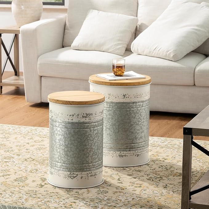 Glitzhome Farmhouse Accent Side Table, Metal Storage Stool Ottoman with Round Lid - Galvanized Coffee Cocktail End Tables Set of 2 for Living Room Bedroom, Distressed White
