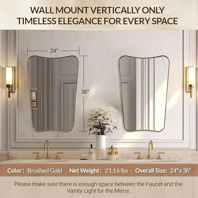 Gold Bathroom Mirror, Irregular Wall Mirror with Anti-Rust Metal Frame, 24x36 Butterfly Mirror for Wall Decor, Bedroom, Dining Room, Powder Room, Entryway, Mantel, Foyer